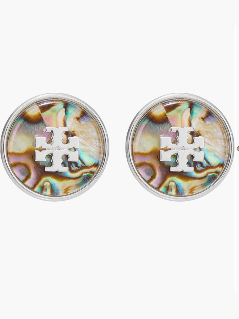 Tory Burch Abalone Round Logo Studs - Silver Accents